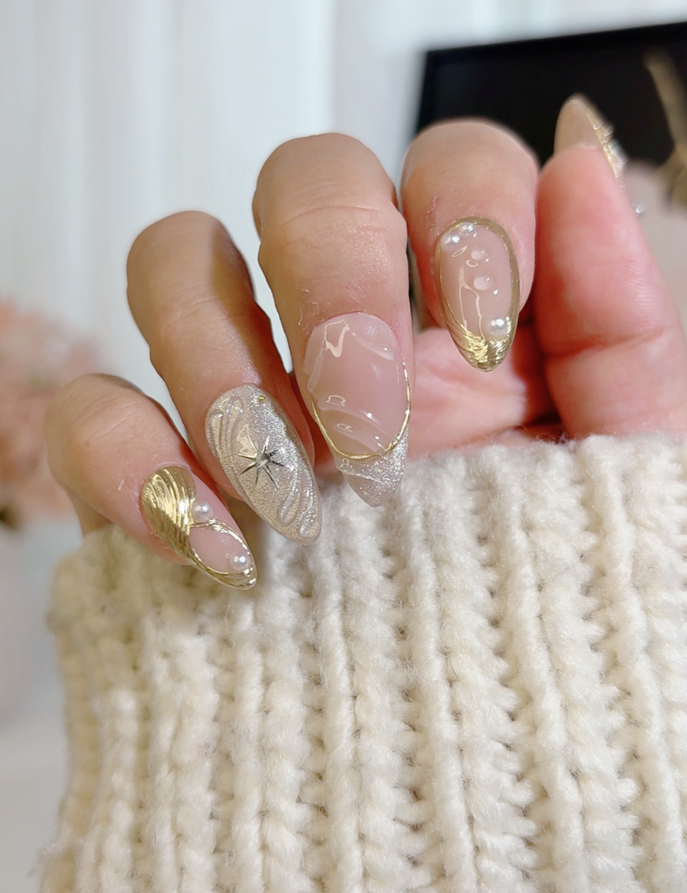 Gold French Pearl Press-On Nails – Medium Almond Luxe Swirl & Star Design
