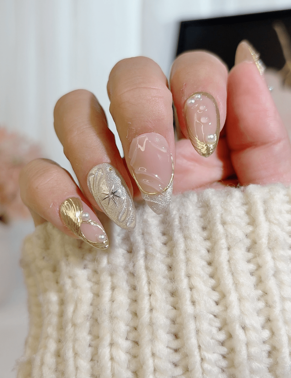 Gold French Pearl Press-On Nails – Medium Almond Luxe Swirl & Star Design