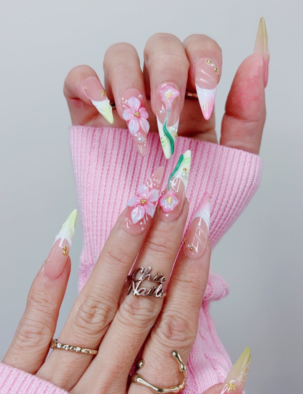 Pink Lily Floral Long Stiletto Press On Nails
