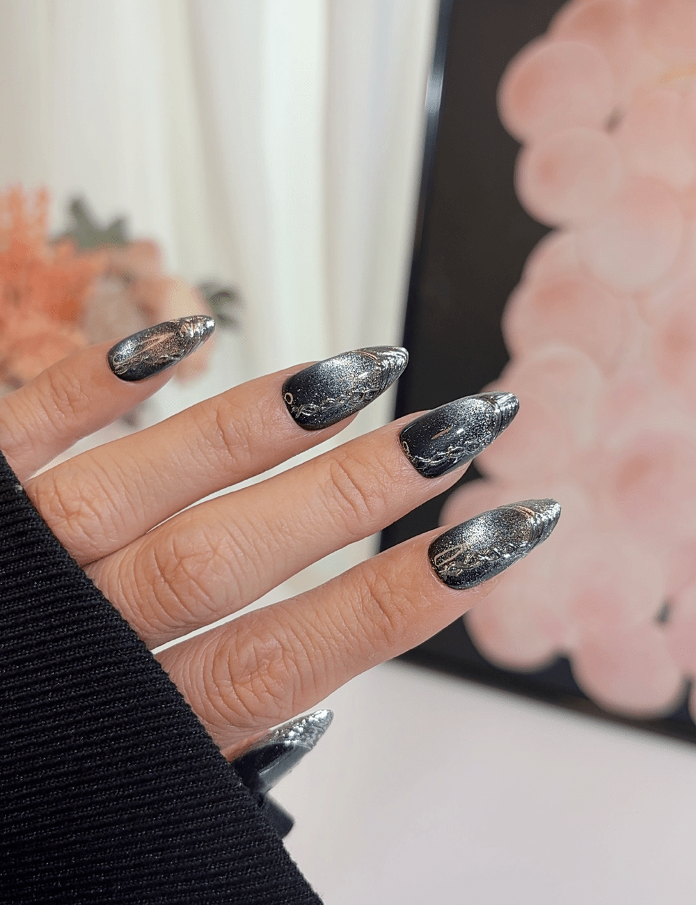 Black & Silver Metallic Press-On Nails – Medium Almond | Galaxy Chrome Design