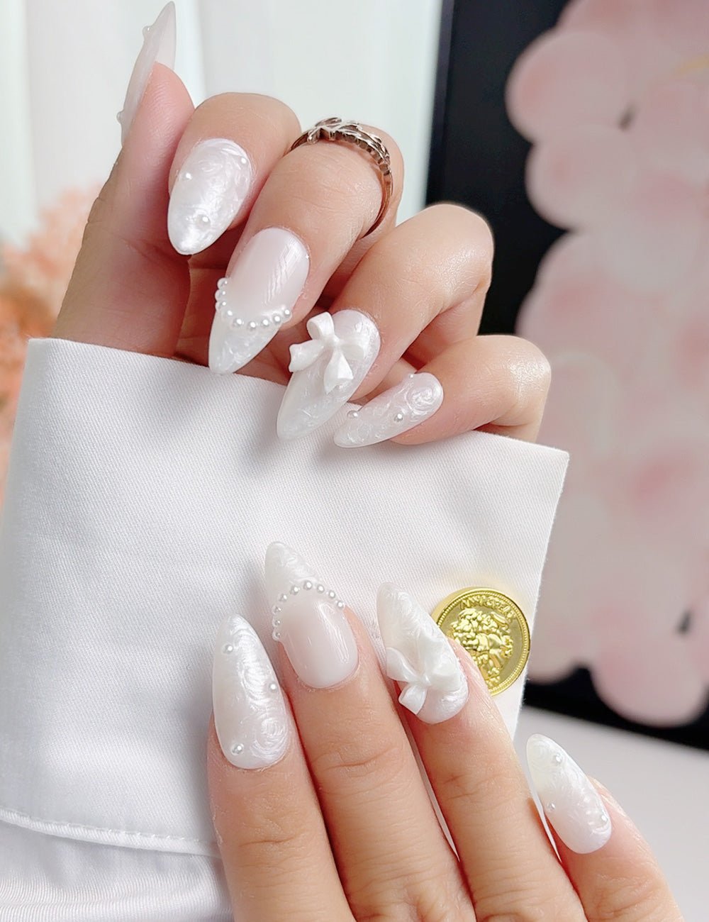 White Bow Press-On Nails | Medium Almond Pearl Handmade Set