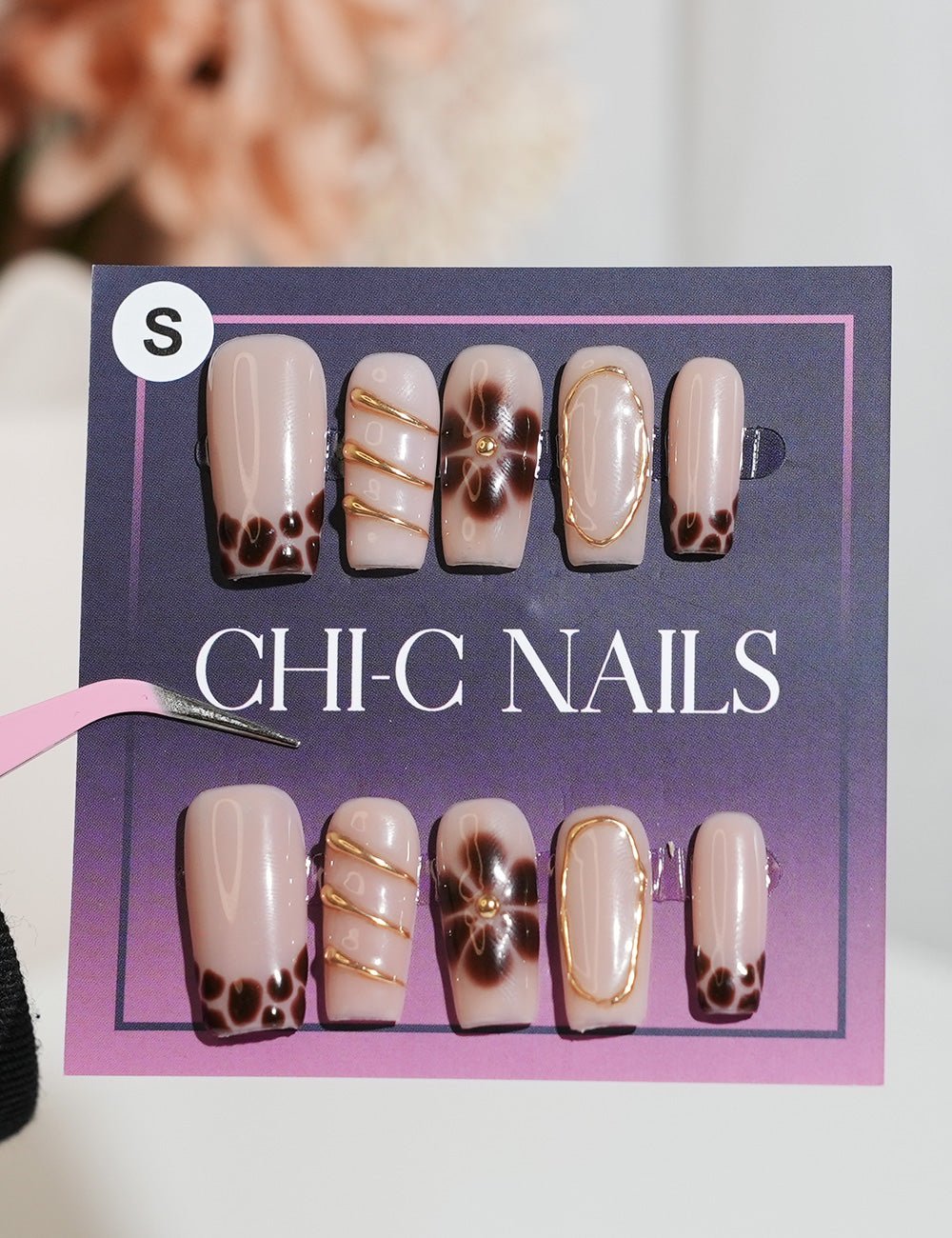 Brown Floral Press-On Nails – Square Shape with Gold Wire Art & Glossy Finish