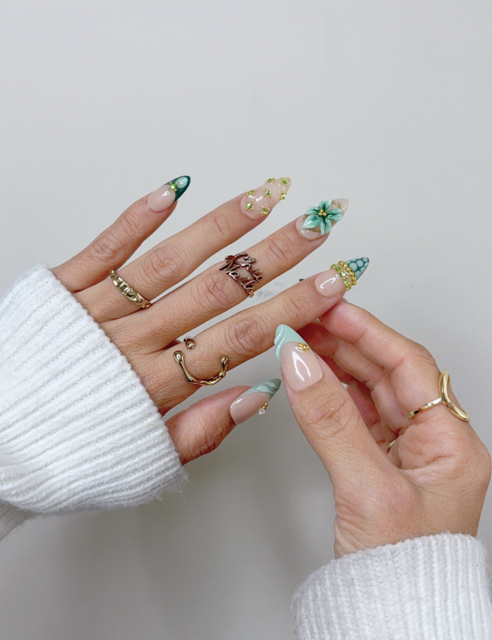 Emerald Green 3D Floral Medium Almond Press On Nails
