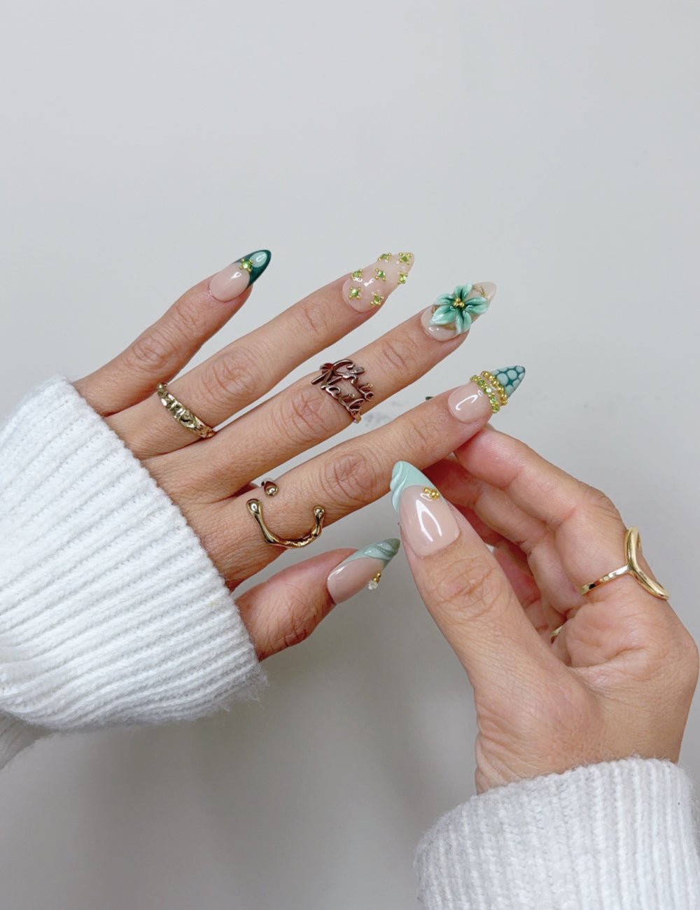 Emerald Green 3D Floral Medium Almond Press On Nails