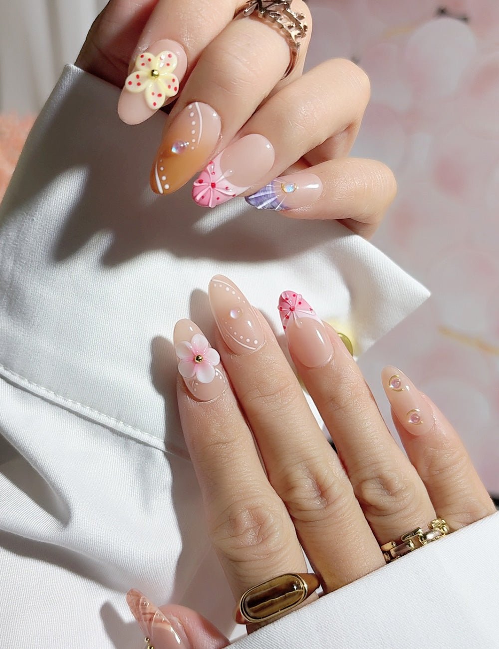 Sweet Blossom 3D Pink Press-On Nails – Almond Set