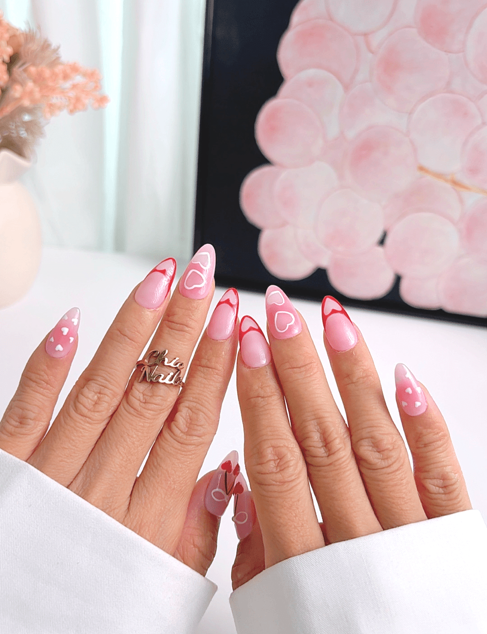 Valentine Heart French Press On Nails – Medium Almond Pink Love Design