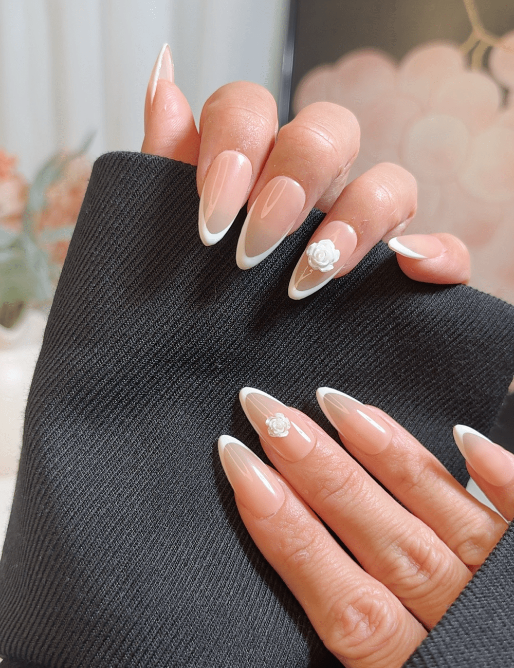 Middle Almond Pink Floral Press-On Nails – 3D Orchid Ombre Design