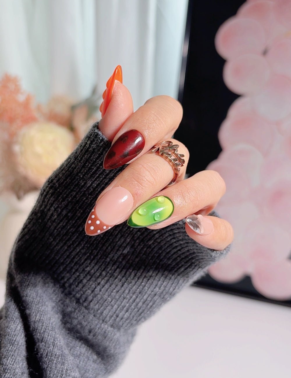 Custom 3D Water Drop Press-On Nails - Vibrant Green & Orange Reusable Nails - Medium Almond