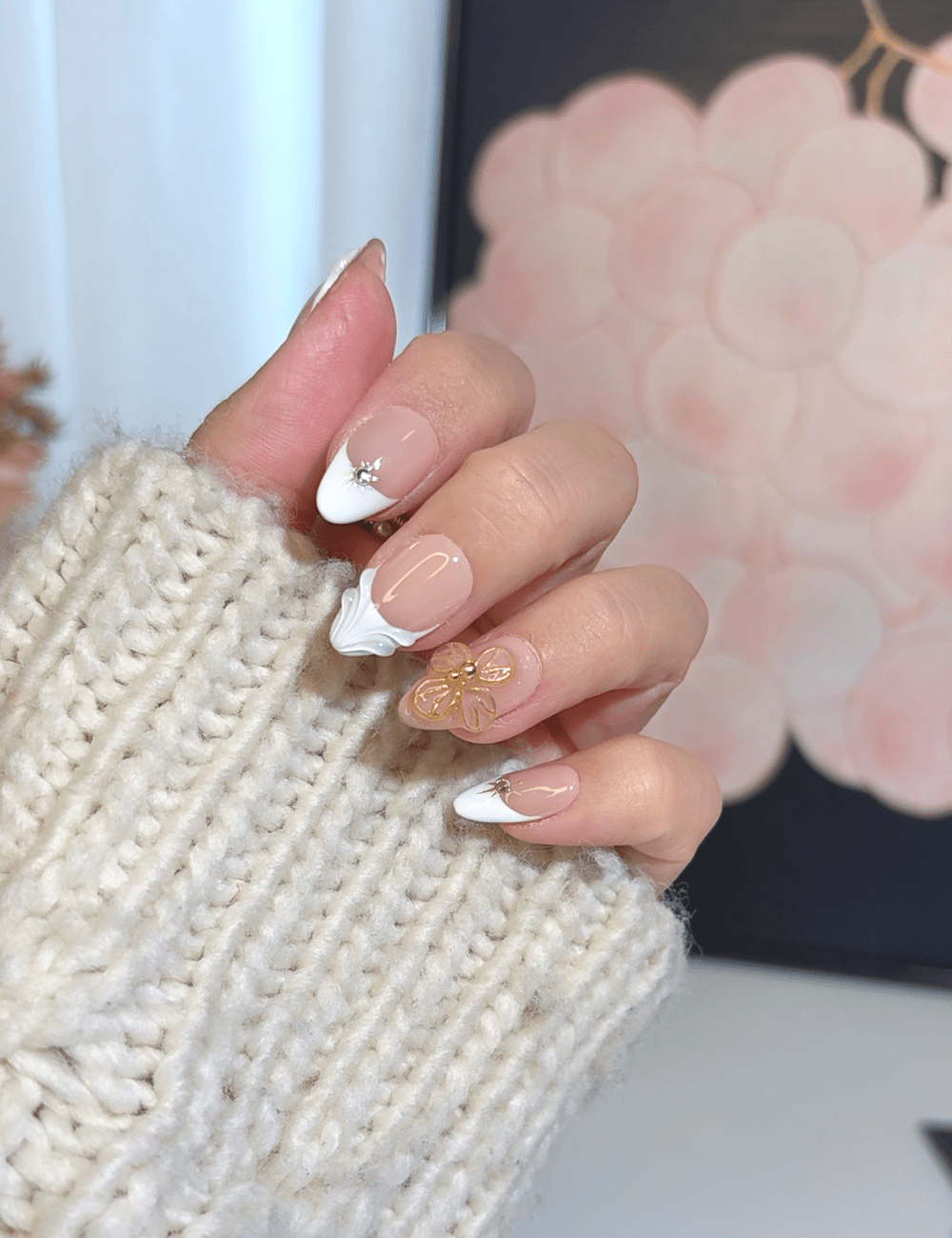 Elegant Gold Flower & French Tip Press-On Nails