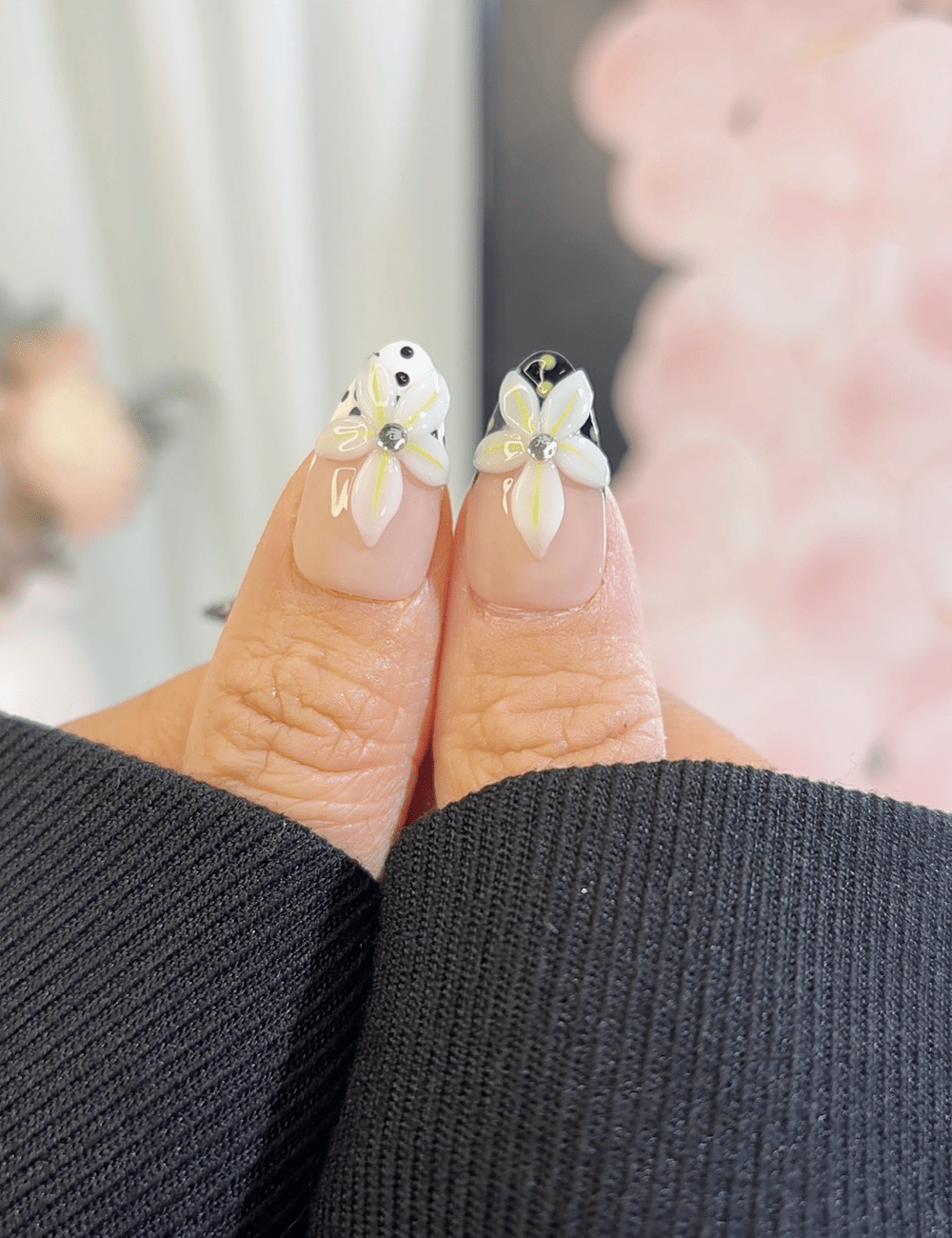Polka Dot Floral French Press-On Nails – Medium Almond