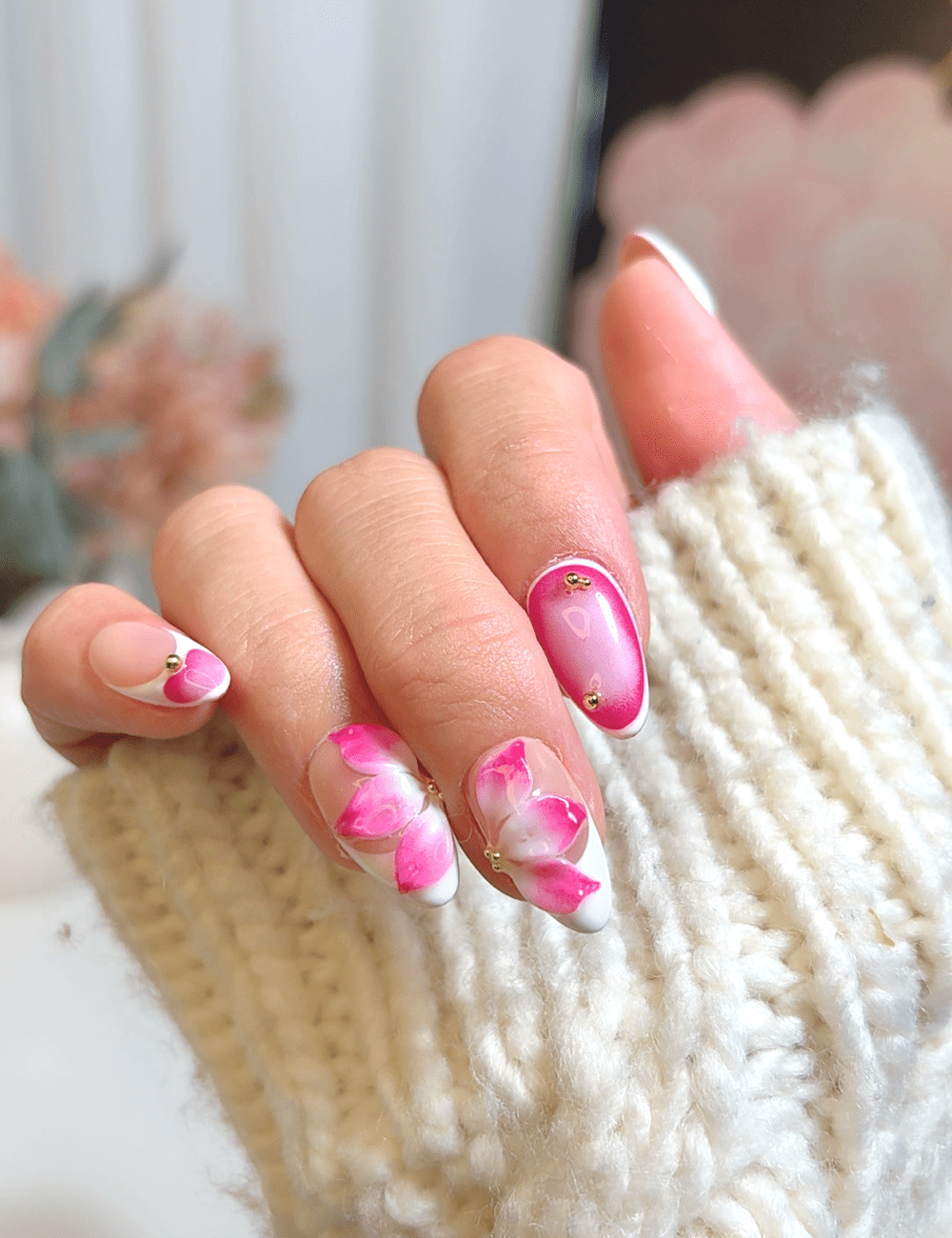 Hot Pink Floral Press-On Nails – 3D Orchid Petals with Ombre Design