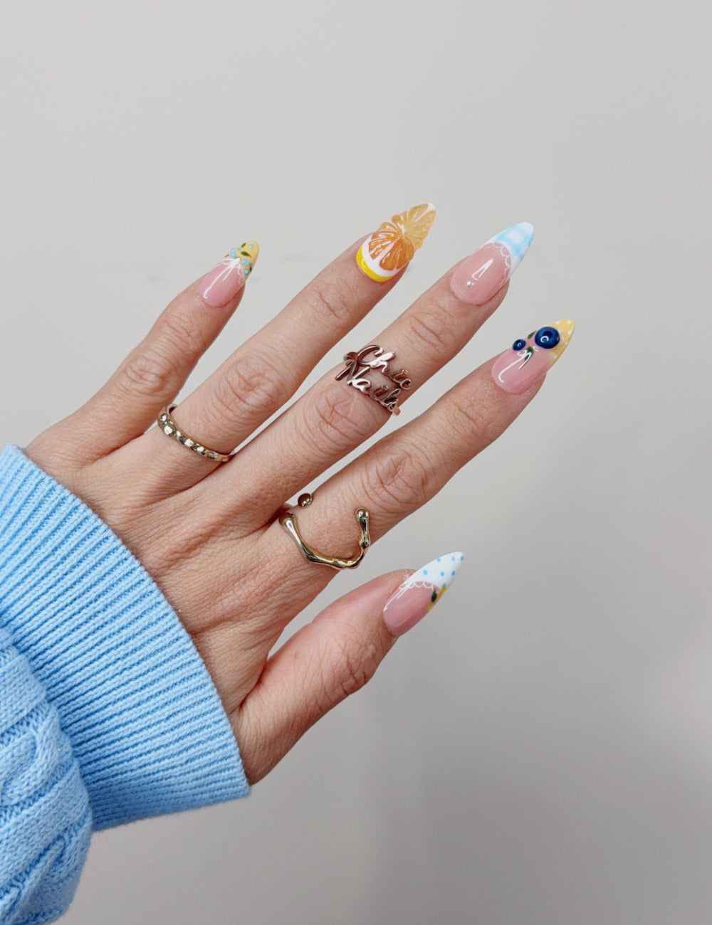Orange & Blueberry Fruit Medium Almond Press On Nails