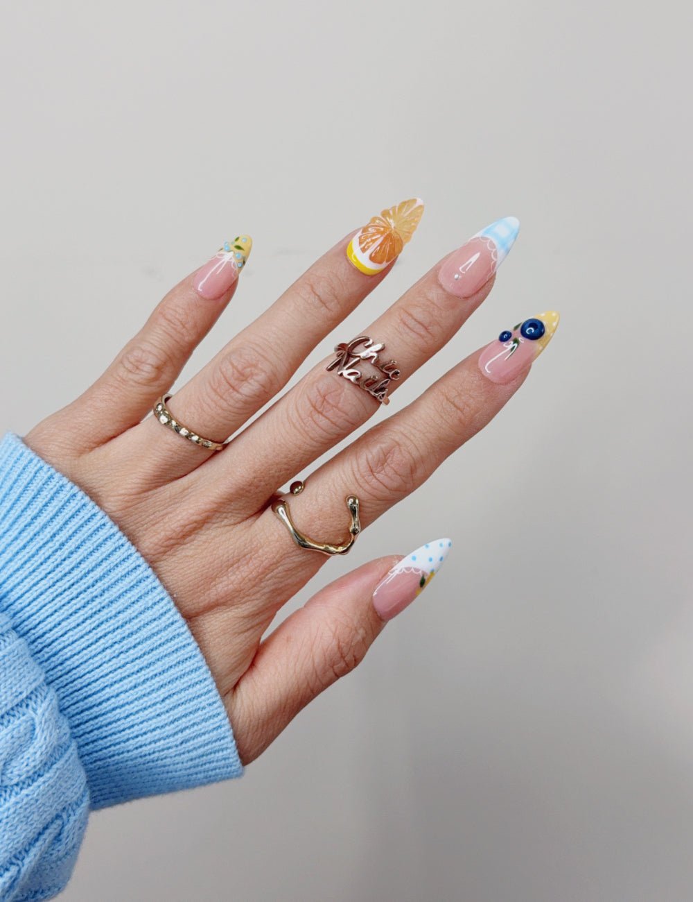 Orange & Blueberry Fruit Medium Almond Press On Nails