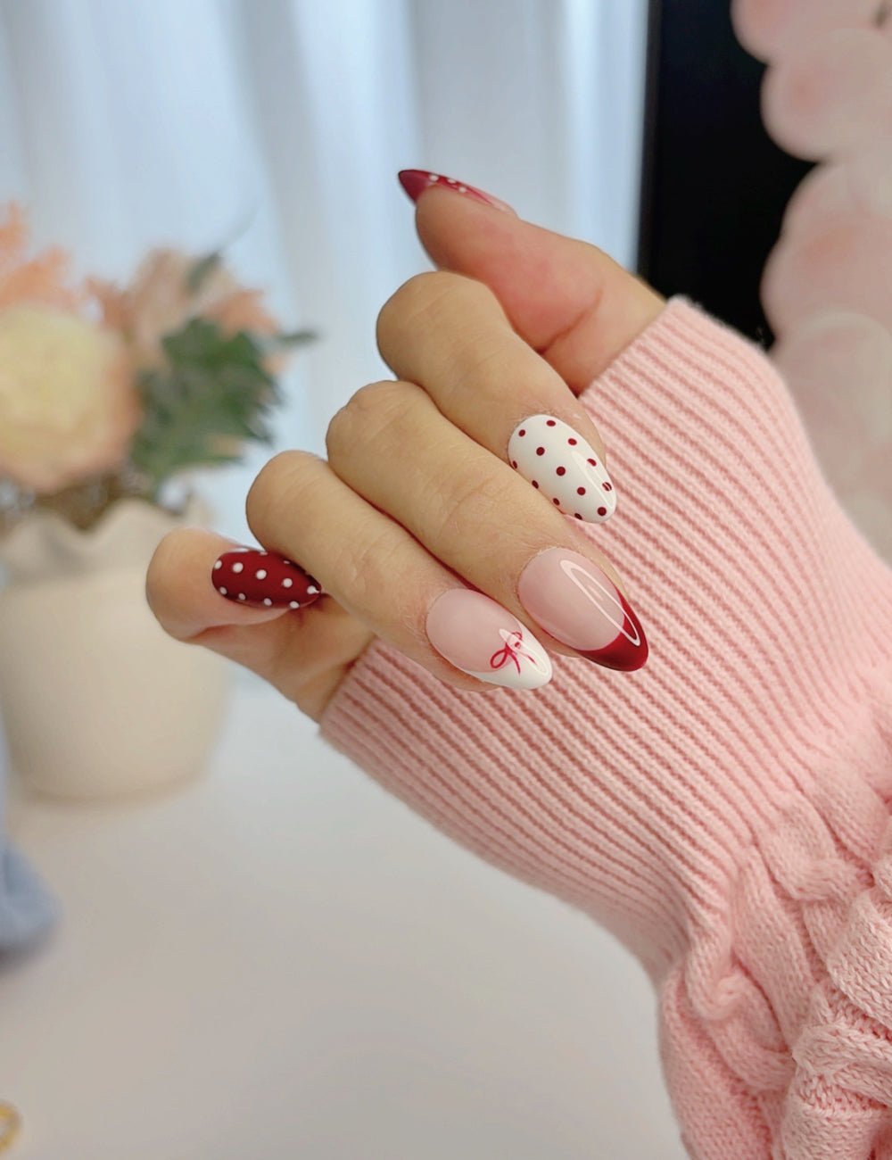 Handmade Red French Polka Dot Bow Short Almond Press-On Nails