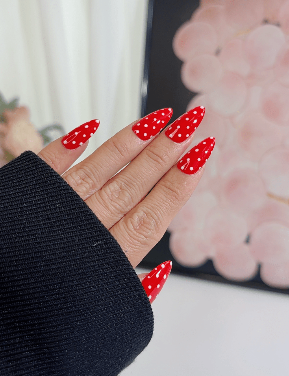 Red Polka Dot Press-On Nails | Medium Almond Reusable