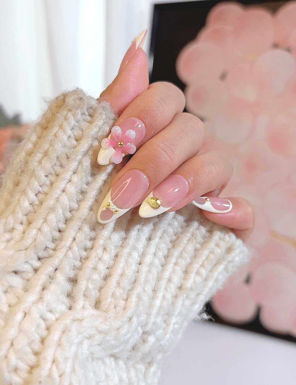 3D Flower French Press-On Nails – Medium Almond | Elegant Pink & White Design