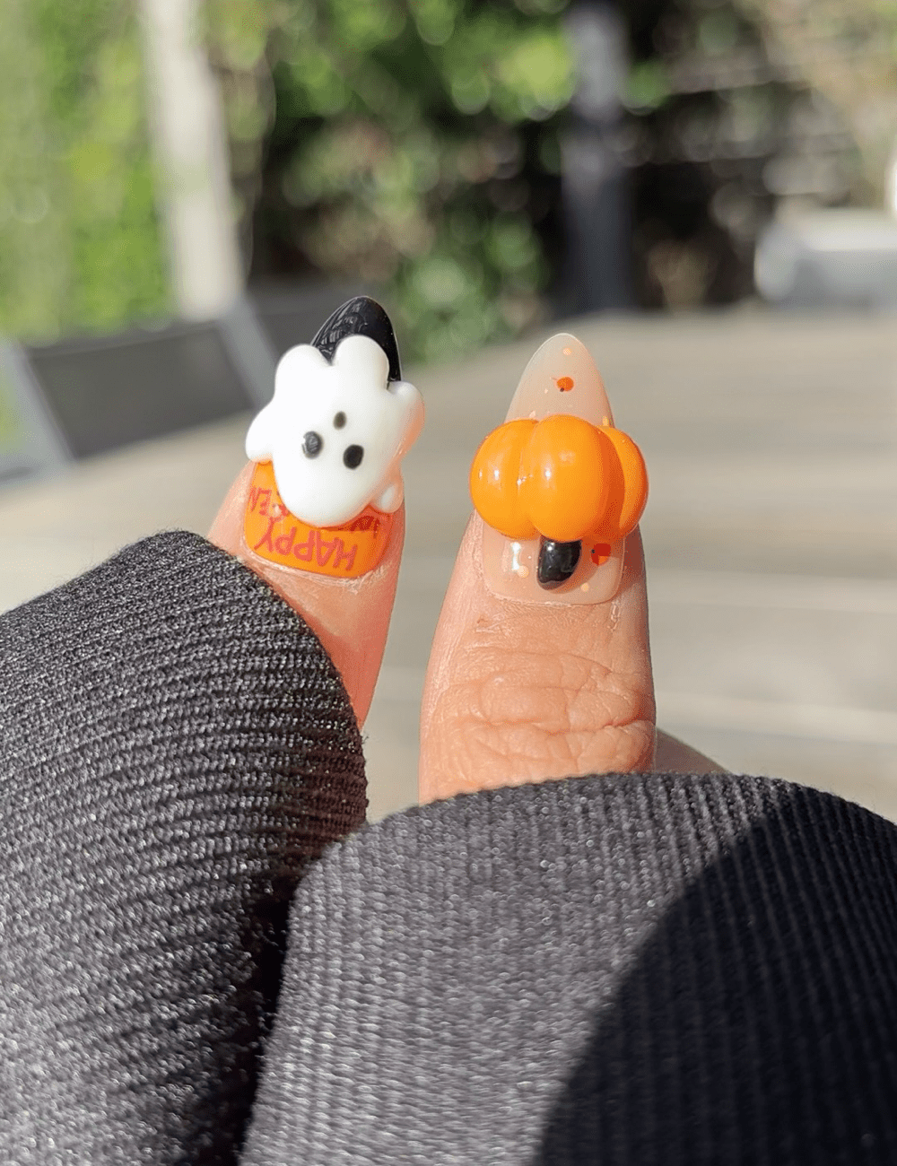 Halloween Pumpkin & Ghost Press-On Nails – Medium Almond with 3D Pumpkin & Spider Webs
