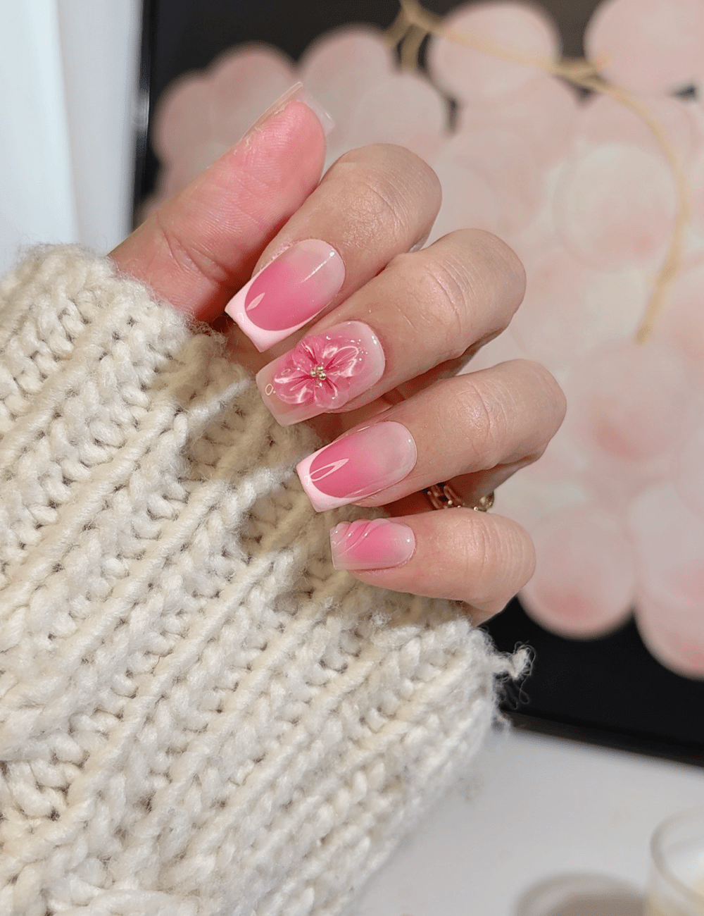 Pink Ombre Floral Press-On Nails – 3D Flower Design | Middle Square Soft Spring Look