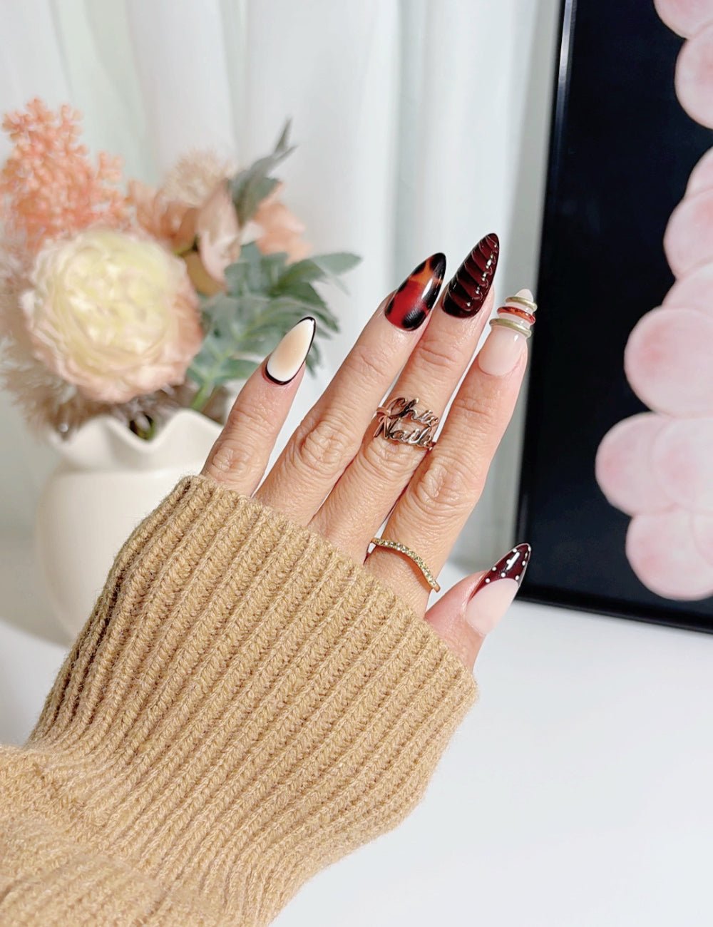 Dark Mocha Chocolate 3D Swirl & Gold Ring Press On Nails | Medium Almond Luxury Edition