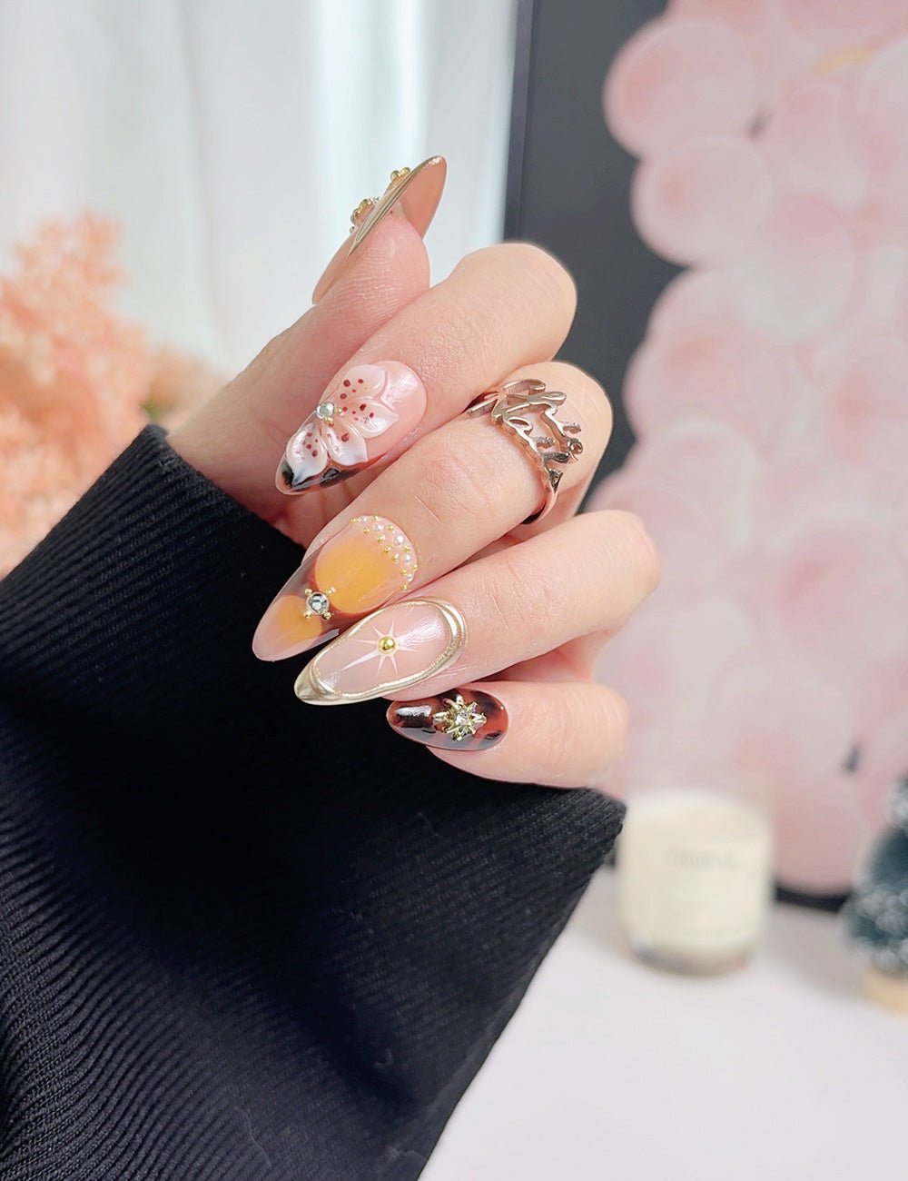 Floral Press On Nails with Glue, Medium Almond, Handmade 3D Flower Nails, Gold Detail Artistic Nails