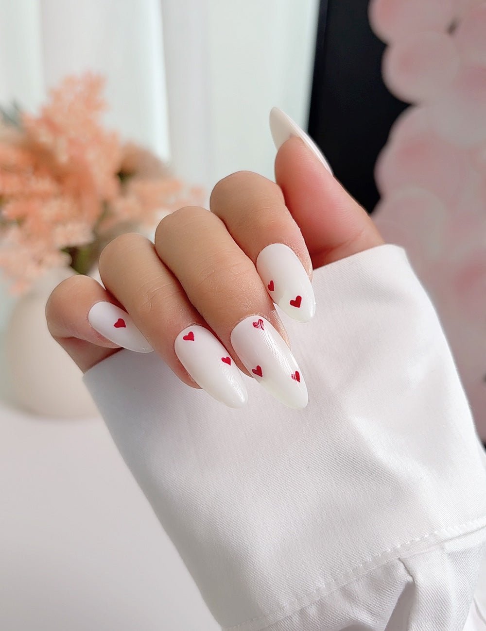 White Heart Press-On Nails | Medium Almond Valentine Handmade Set