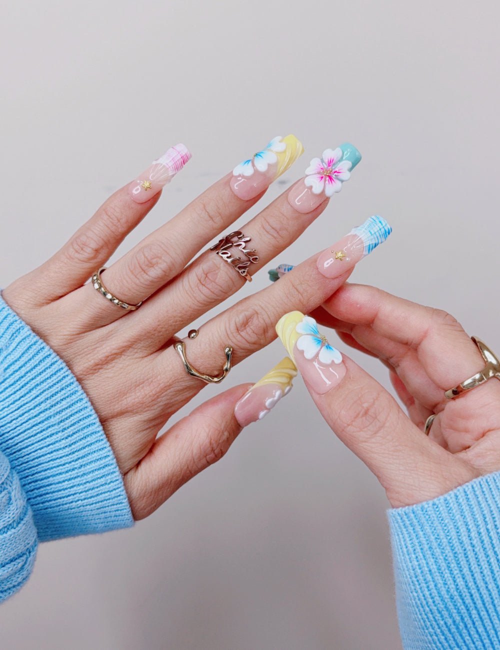 Pastel Plaid Floral Long Square Press On Nails