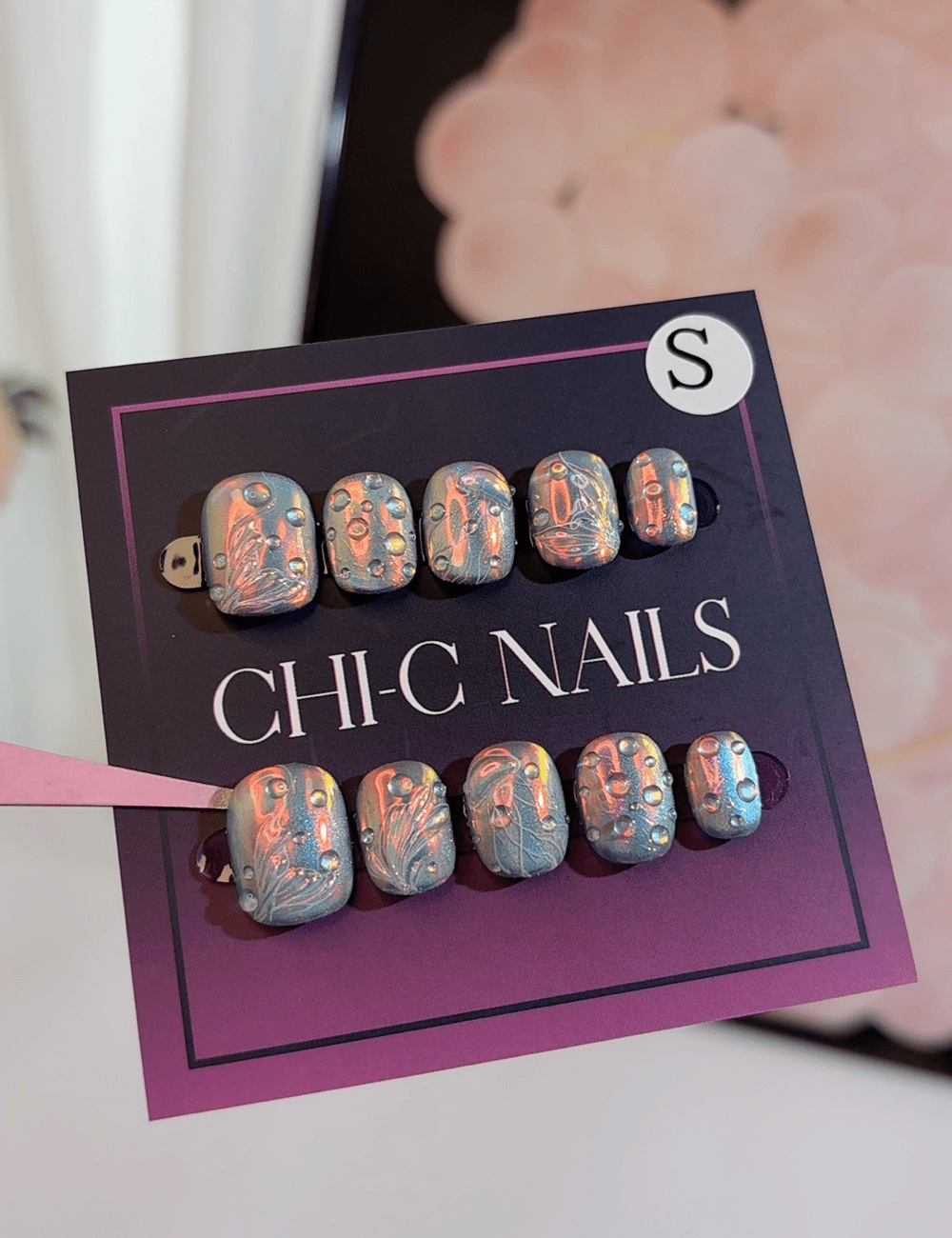 Holographic Waterdrop Press-On Nails – Extra Short Oval | Iridescent & Reusable