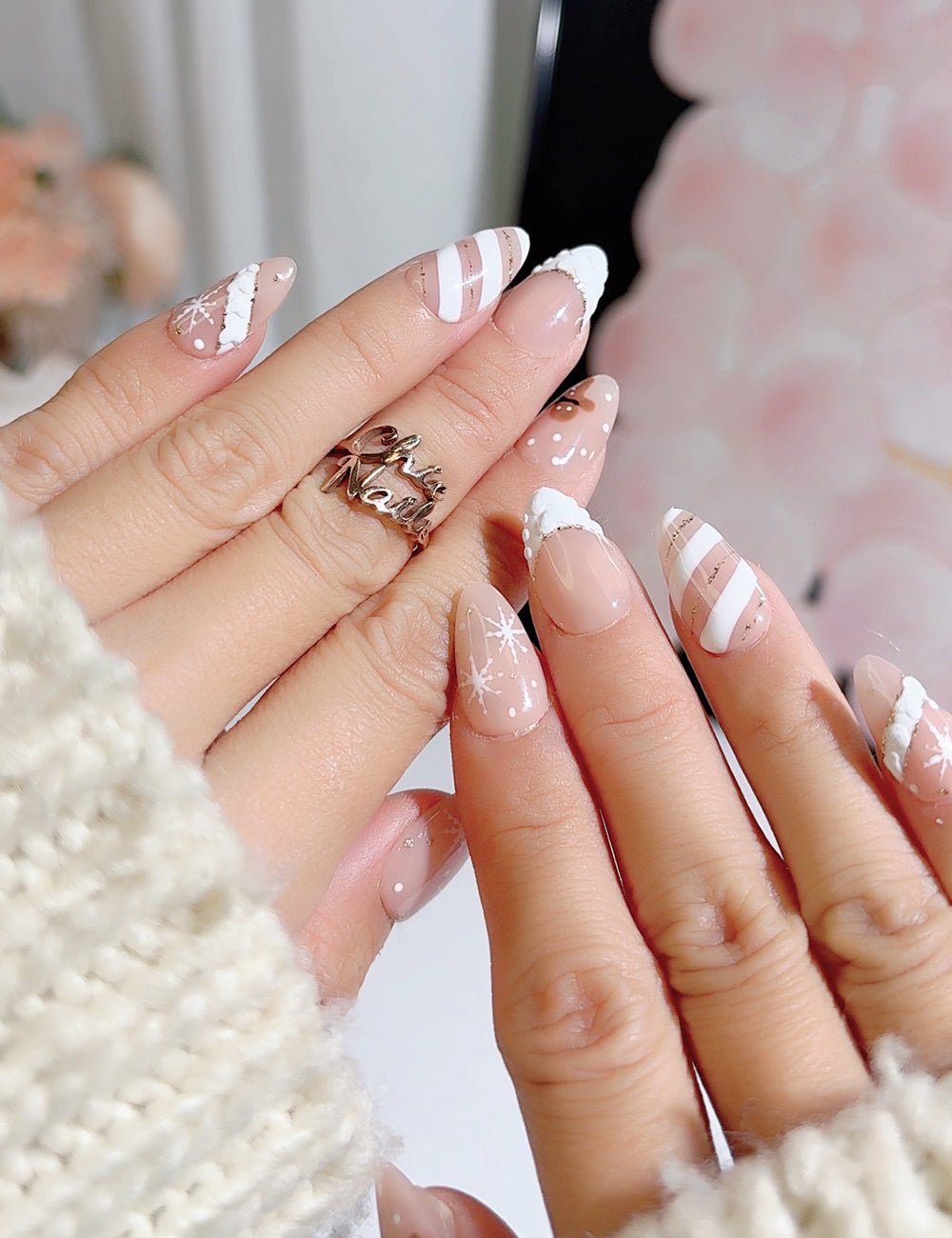 Handmade Press On Nails Winter Snowflake White Design Reusable Fake Nails CHICNAILS