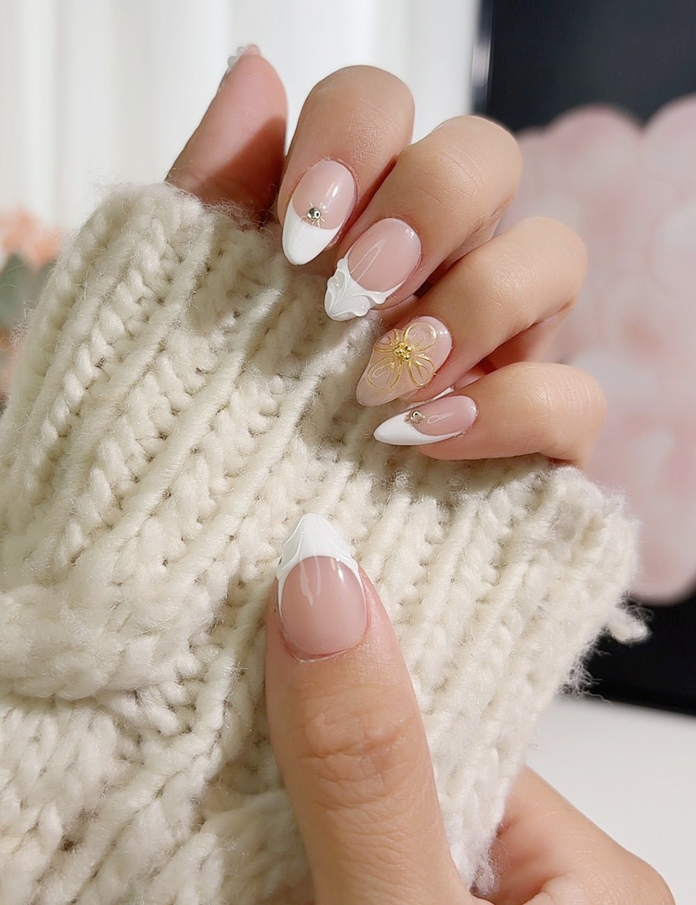 Golden Bloom – 3D French Press-On Nails with Gold Floral Accent | Soft Nude Almond Set