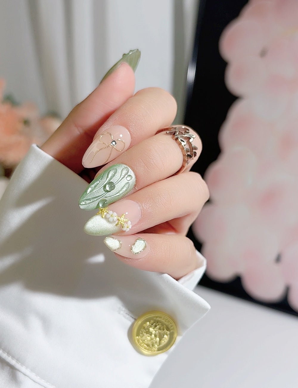 Handmade Press On Nails Sage Green Floral 3D Design Reusable Fake Nails CHICNAILS