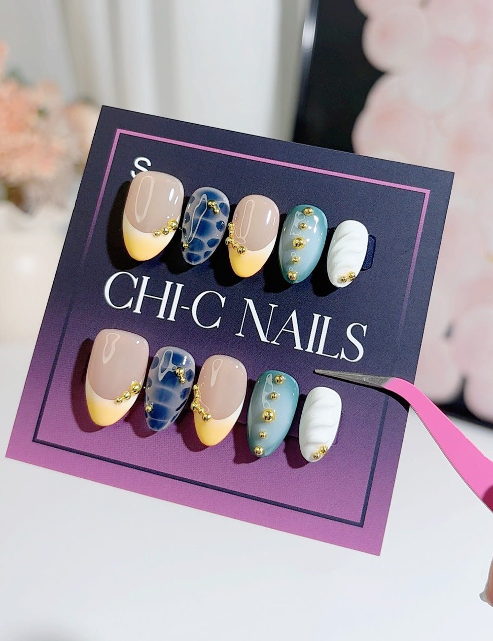 Handmade Press On Nails Blue Green Yellow Mix Design Reusable Fake Nails CHICNAILS