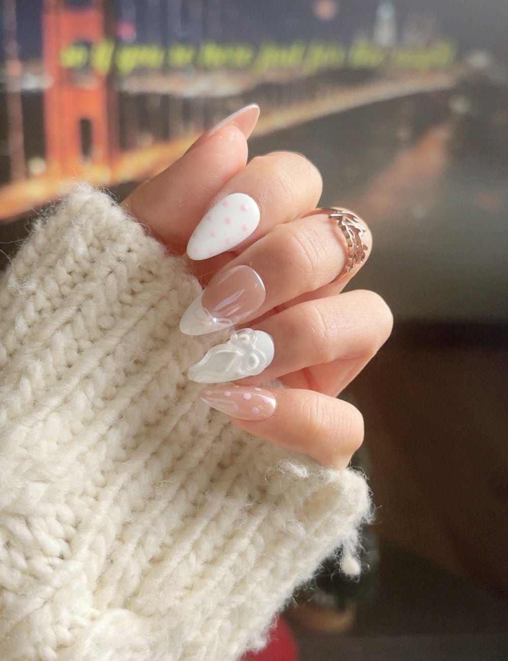 White Bow & Pink Dot Almond Press-On Nails
