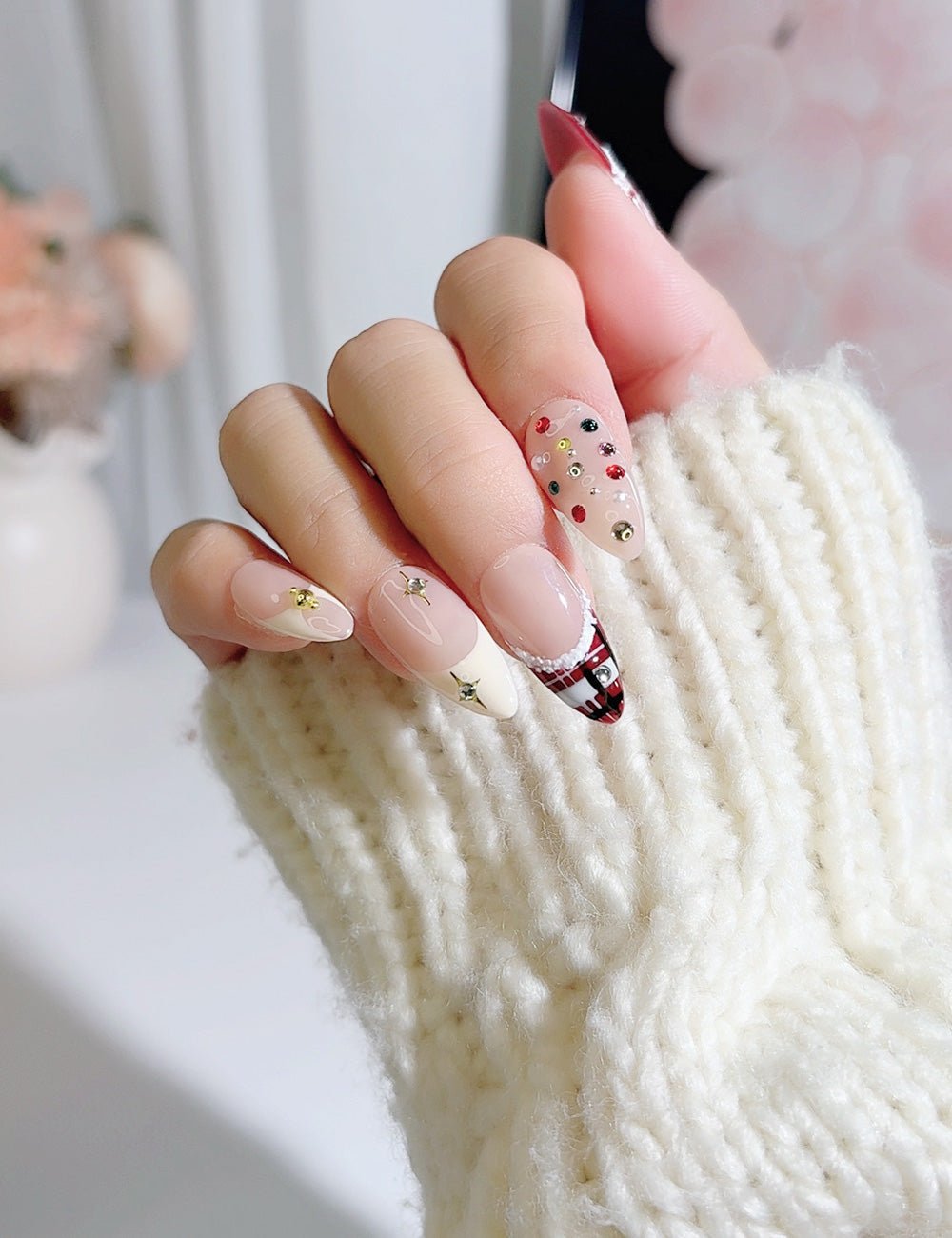 Handmade Press On Nails Christmas Plaid Festive Design Reusable Fake Nails CHICNAILS