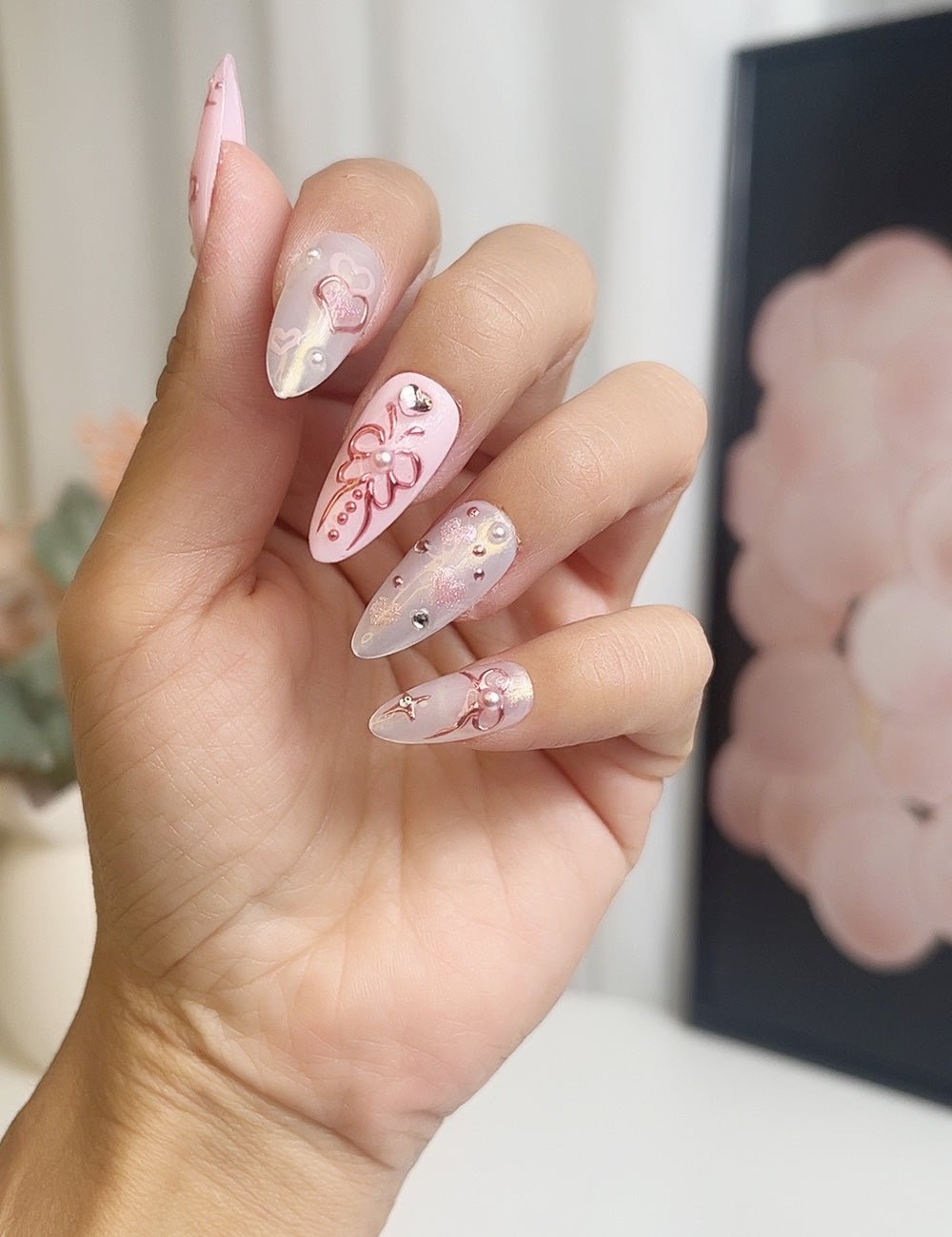 Blush Fantasy – 3D Pink Pearl Press-On Nails