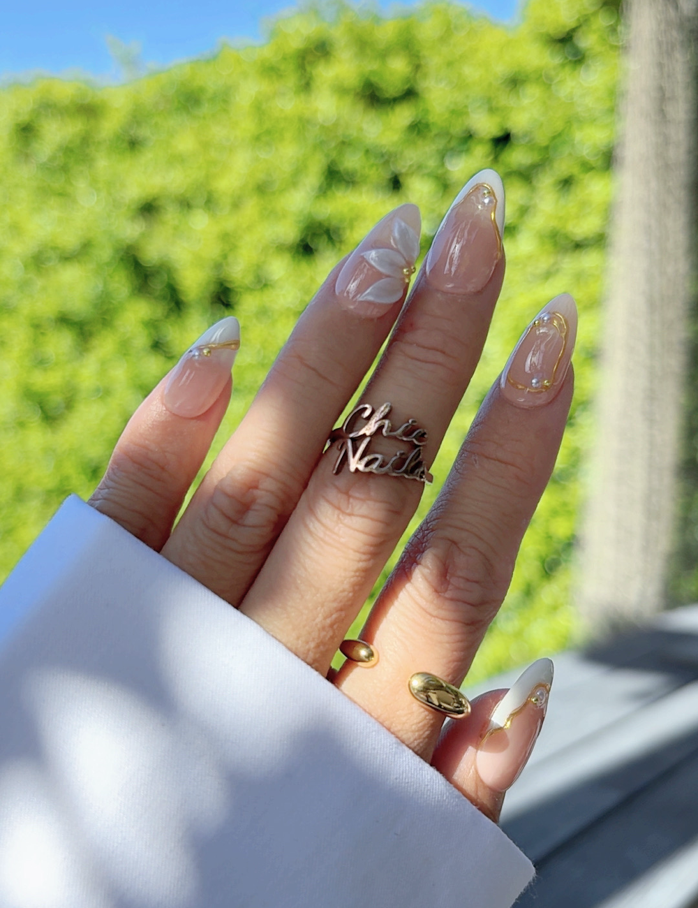 Ivory Bloom – Gold Line Floral Medium Almond Press-On Nails