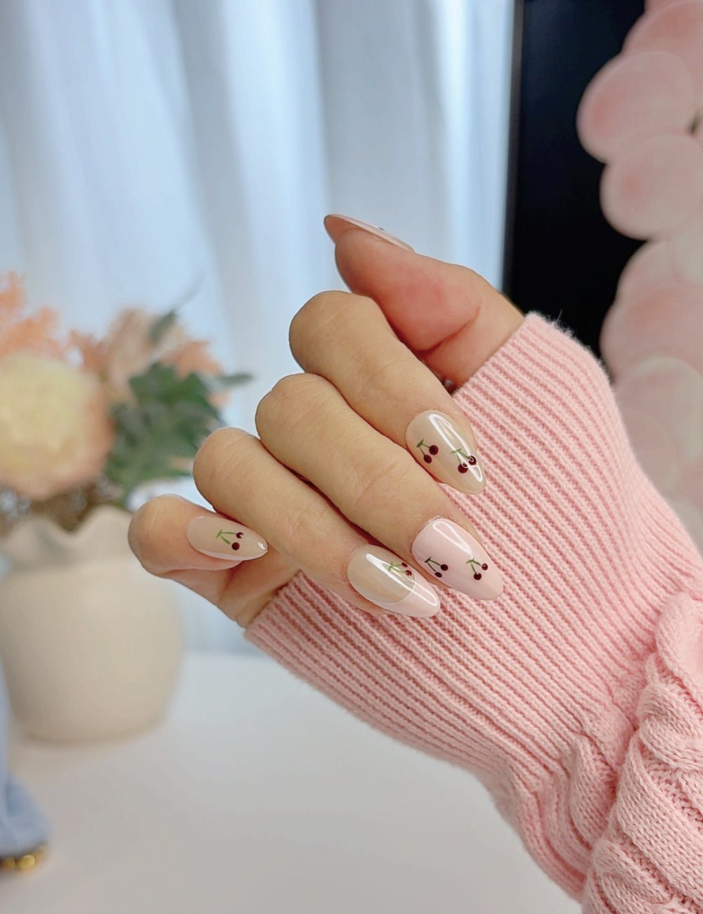 Handmade Sweet Cherry Pink Short Almond Press-On Nails