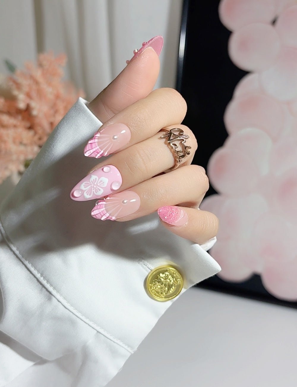 Pink Sakura Petal Press-On Nails – Almond Set