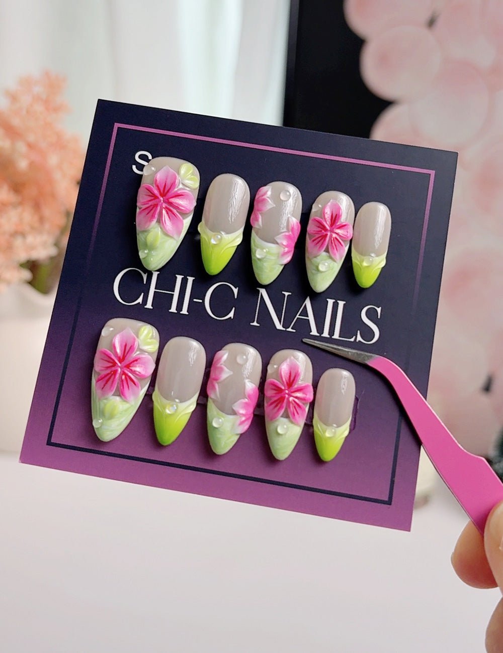 Green French Press On Nails with Glue, Medium Almond, Pink Floral 3D Flower Nails, Handmade Spring Nails