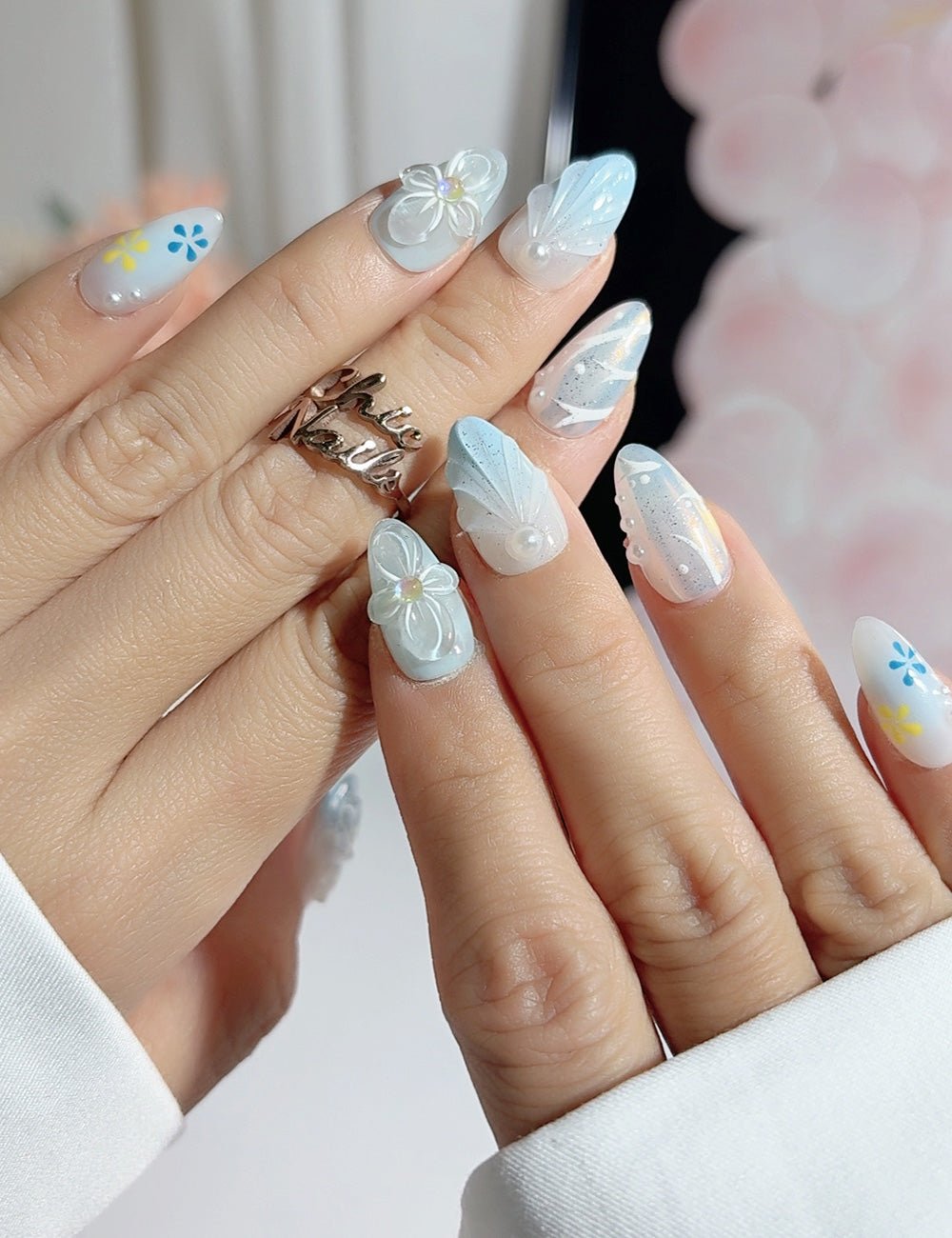 Blue Breeze 3D Clear Petal Press-On Nails – Almond Set