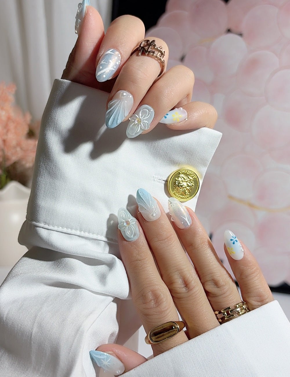 Blue Breeze 3D Clear Petal Press-On Nails – Almond Set