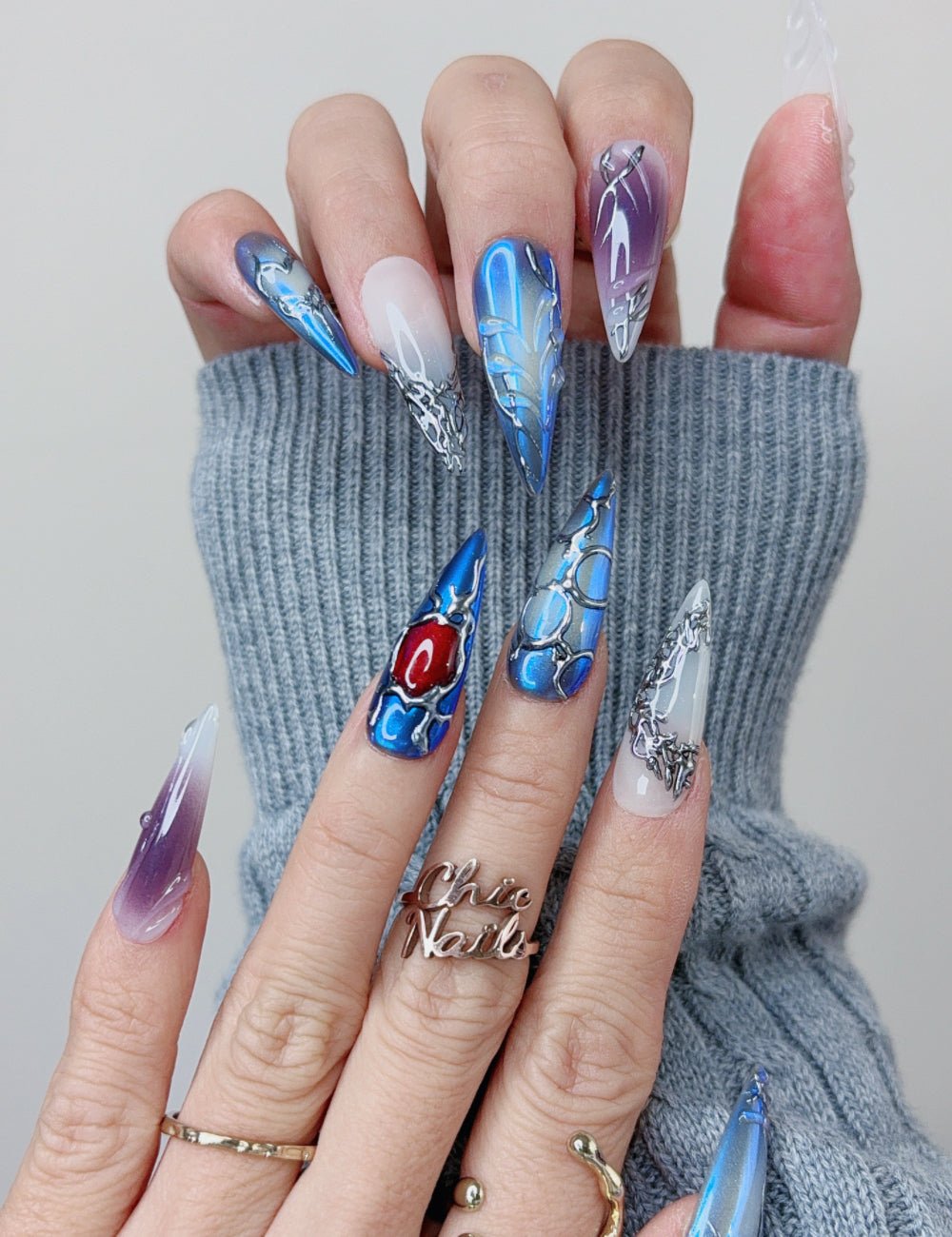 Blue Gothic Fantasy Long Stiletto Press On Nails
