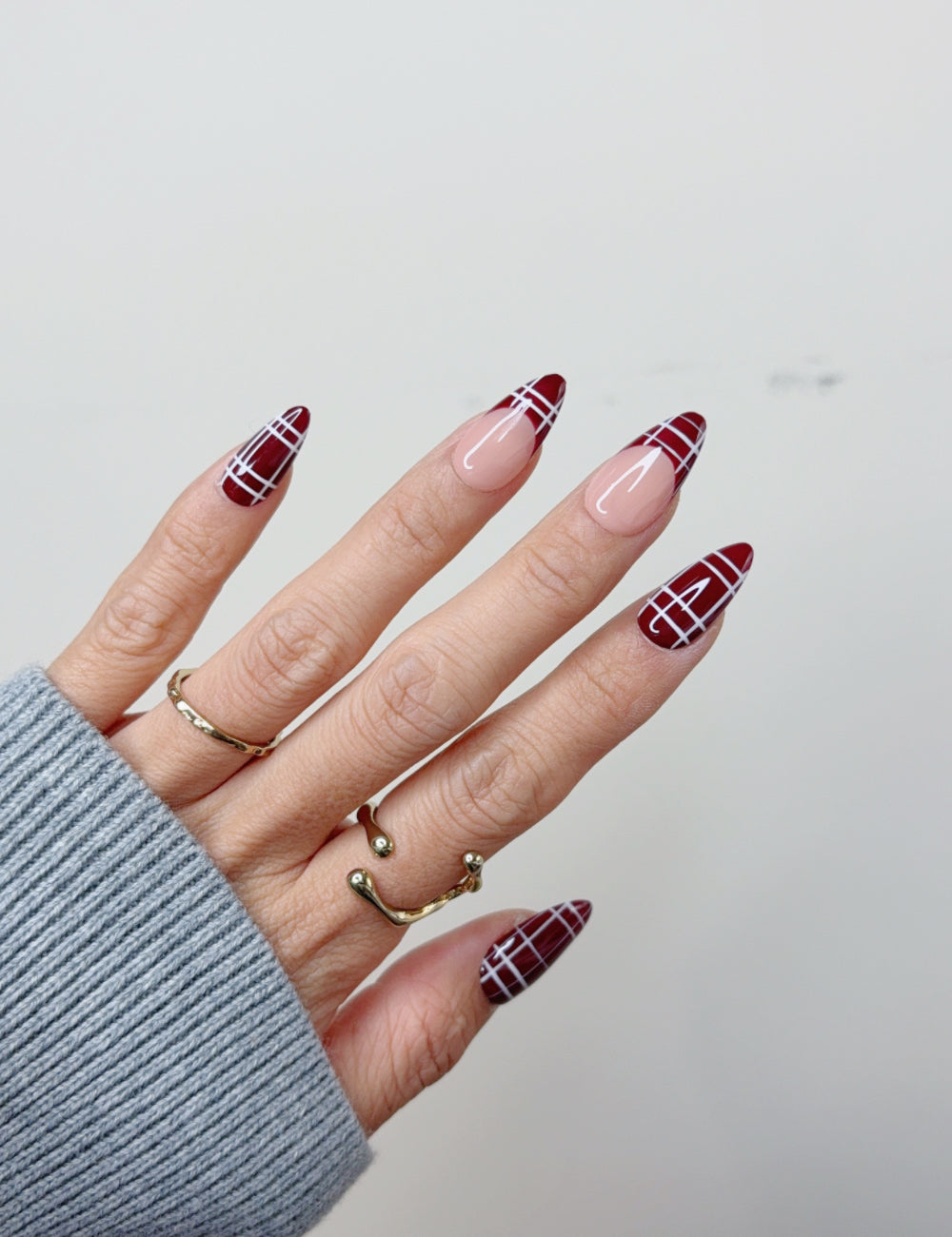 Burgundy Plaid French Medium Almond Press On Nails