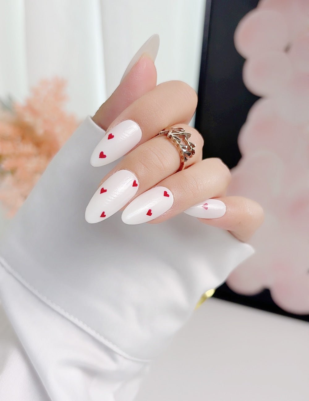White Heart Press-On Nails | Medium Almond Valentine Handmade Set
