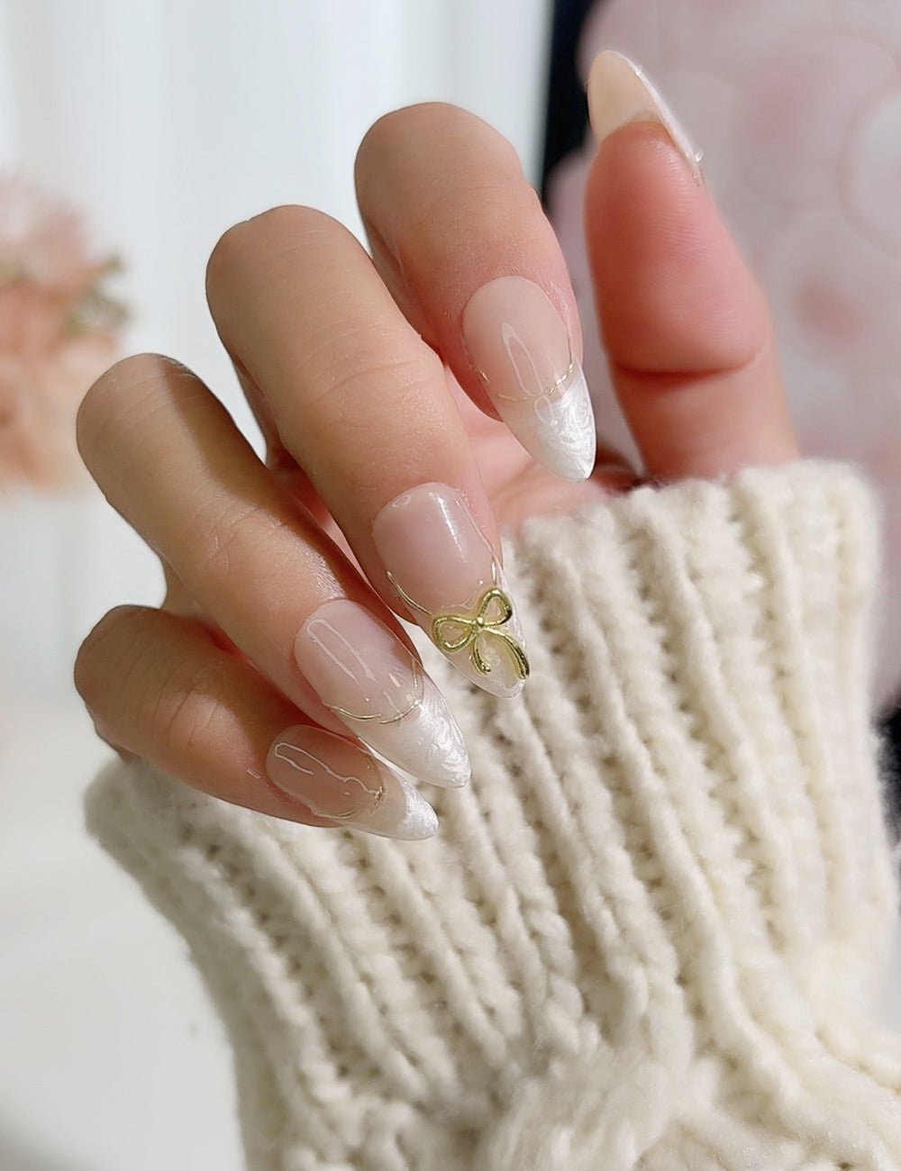 Champagne Ribbon Press-On Nails – Nude Sculpted French with Gold Bow
