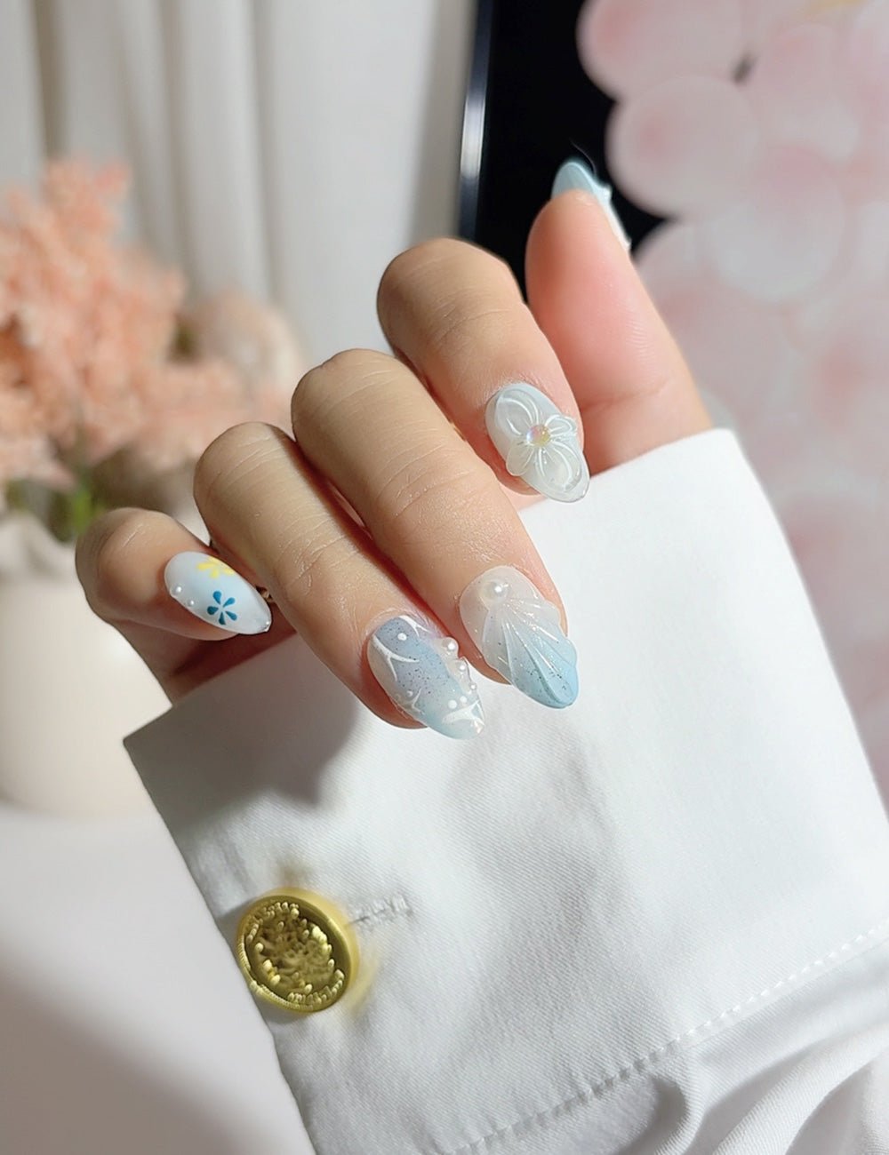 Blue Breeze 3D Clear Petal Press-On Nails – Almond Set