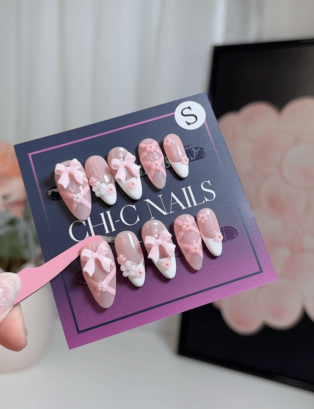 Pink Bows & Blossoms | Short Almond Press-On Nails