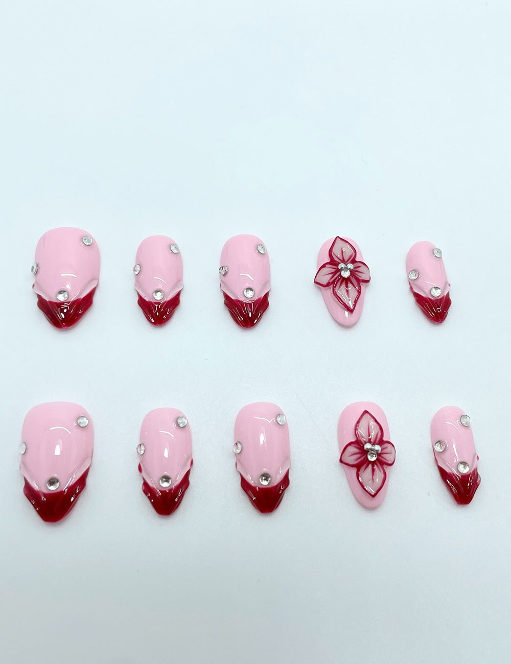 Sweetheart Bow Press-On Nails – Pink & Red French with 3D Ribbon Charm