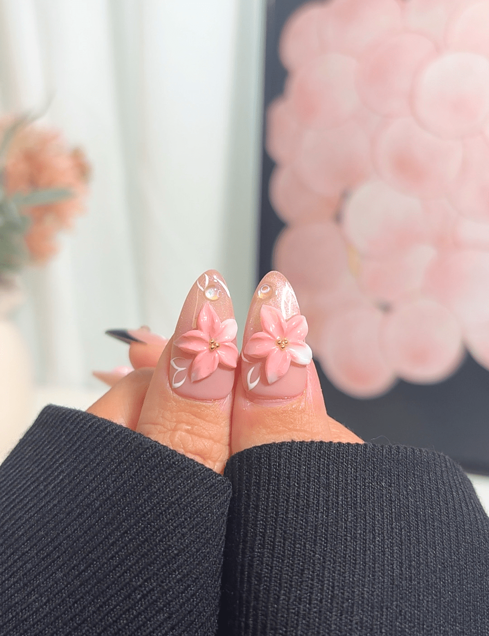 Black French Blossom 3D Press-On Nails