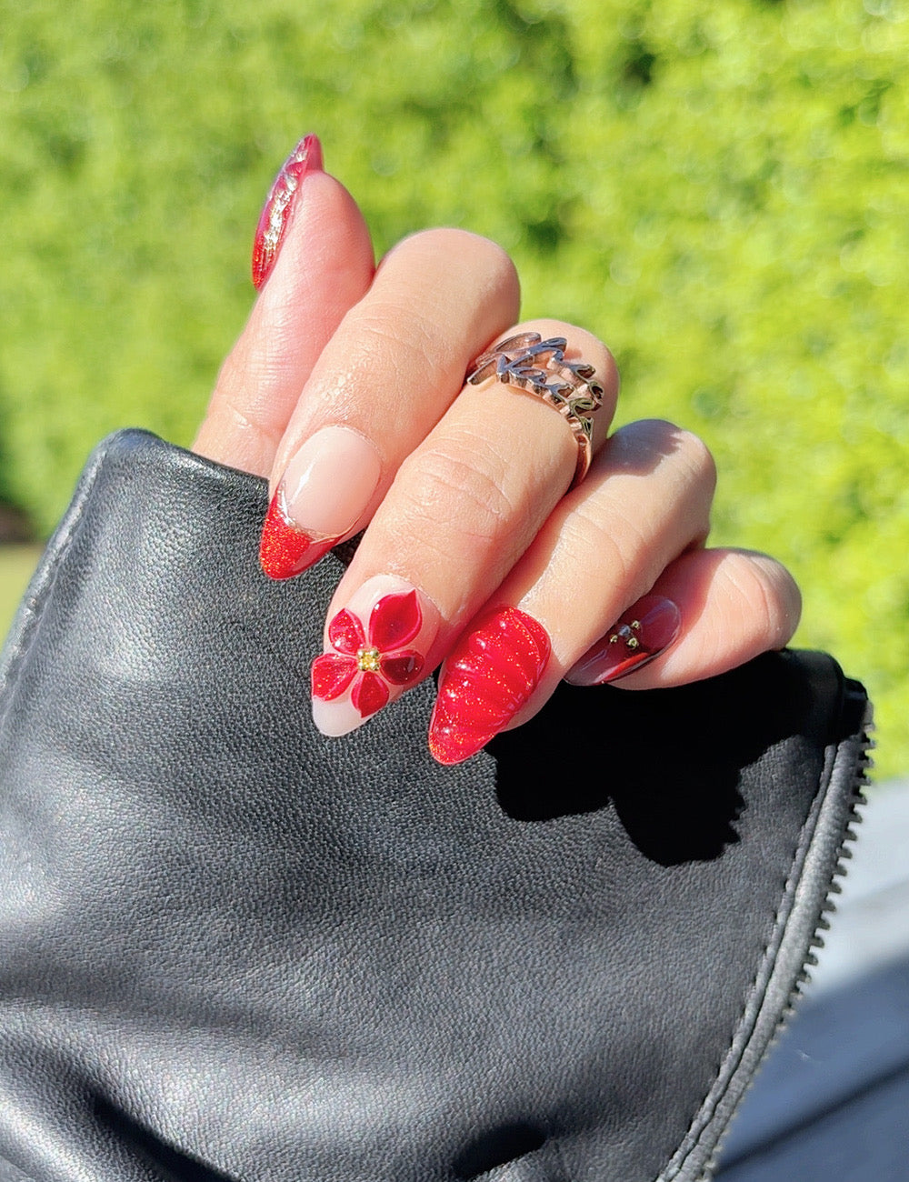 Raspberry Martini – Berry Red 3D Flower Short Almond Press-On Nails