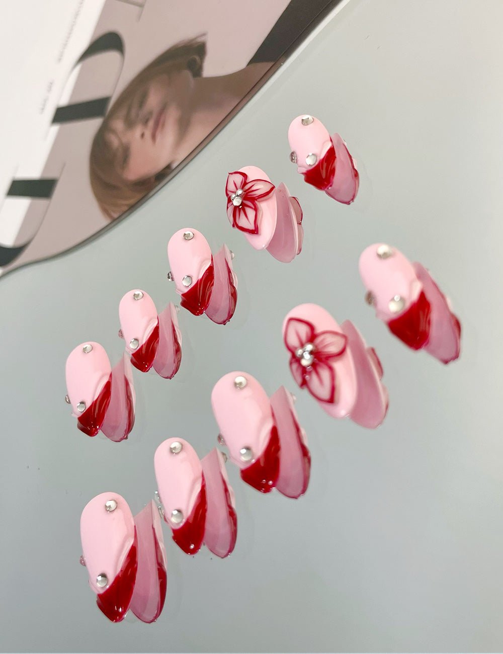 Sweetheart Bow Press-On Nails – Pink & Red French with 3D Ribbon Charm